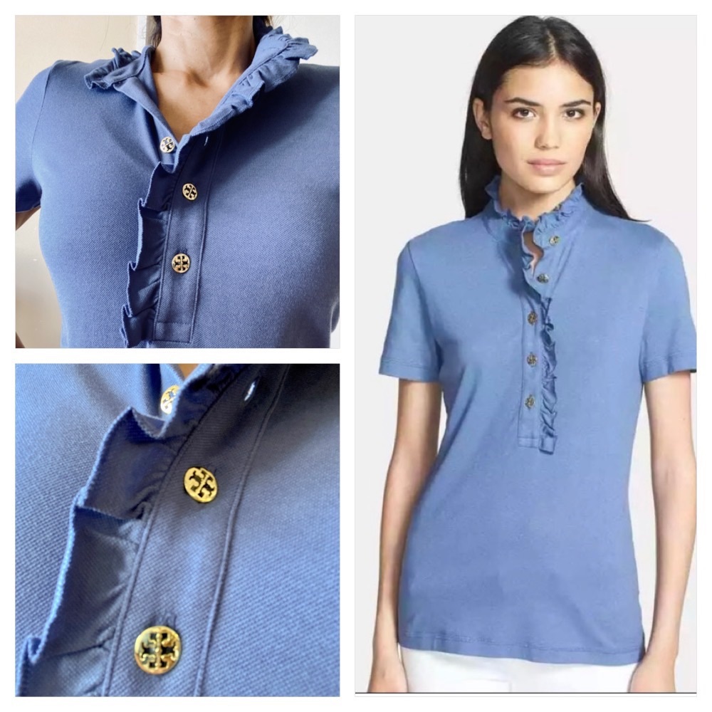 Tory Burch XS blue ruffle polo top with gold logo buttons.